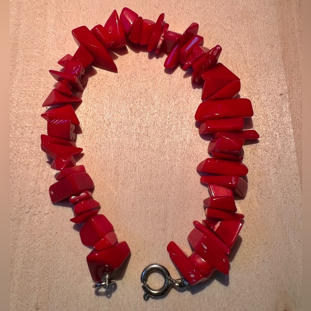 Vintage Sterling 7 1/2 inch sunset red jasper link bracelet